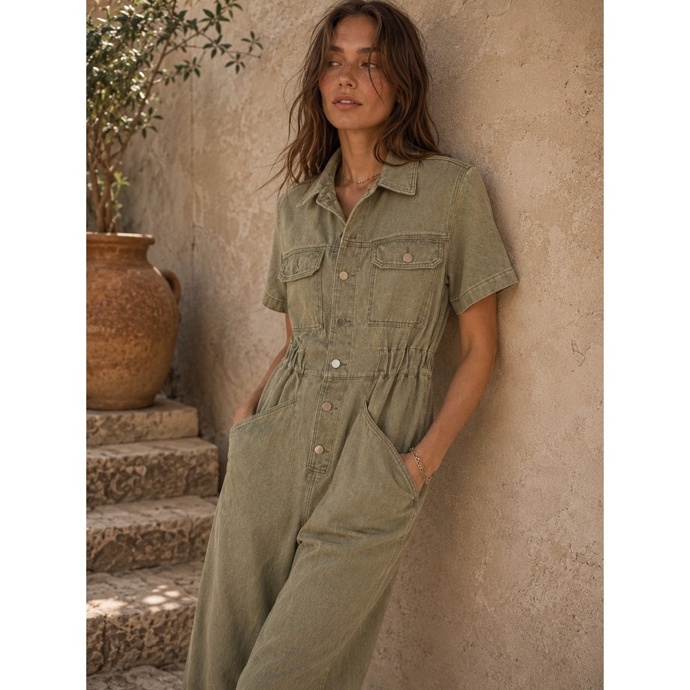 Bib! Womens Washed Olive Green Denim Utility Boiler Suit Jumpsuit Small B1158-01